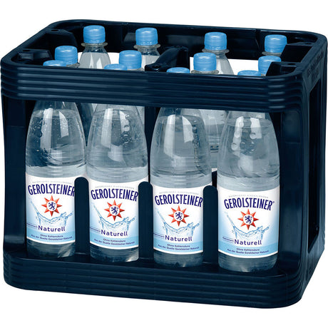 Ein schwarzer Kasten enthält zwölf 1-Liter-PET-Flaschen Gerolsteiner Naturell (MEHRWEG) mit blauem Verschluss und weißem Etikett - ideal für Fans von stillem Wasser ohne Kohlensäure.