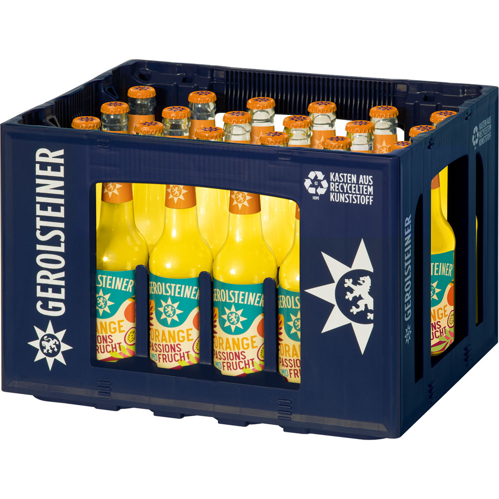 Blauer Kasten mit 24 Flaschen Gerolsteiner Orange-Passionsfrucht Limonade (0,33L MEHRWEG), mit gelben Etiketten und orangefarbenen Verschlüssen für natürliche Erfrischung.