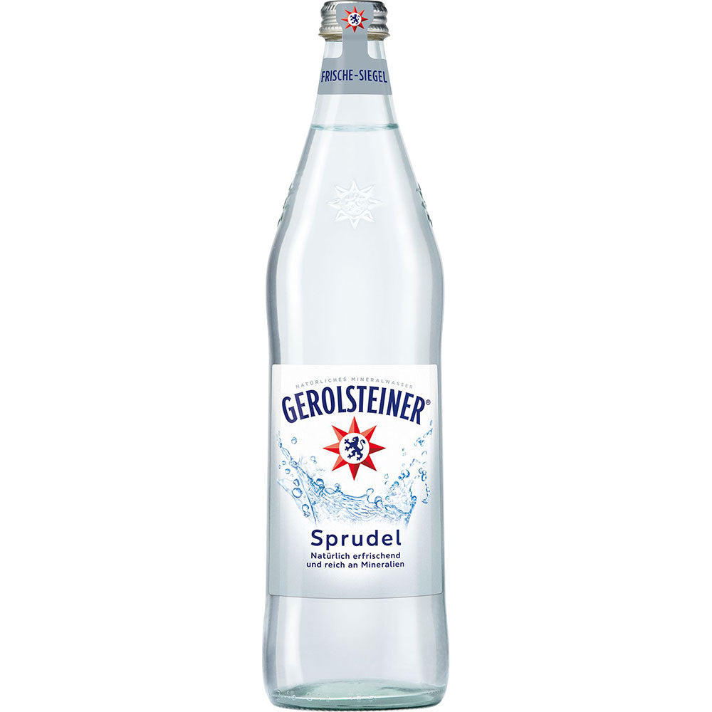 Eine Klarglasflasche mit Gerolsteiner Sprudel 0,75 l (MEHRWEG), mit blau-weißem Etikett der Marke Gerolsteiner.