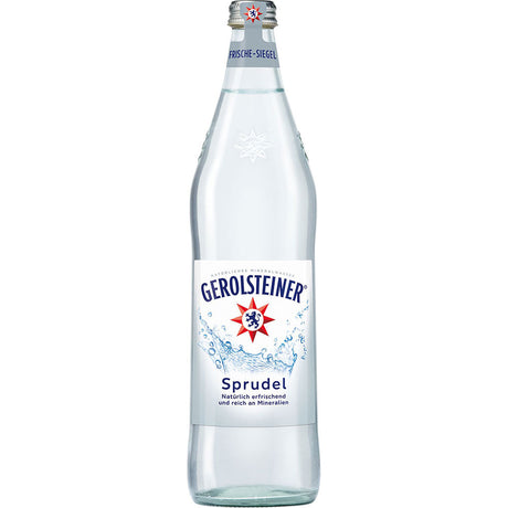 Eine Klarglasflasche mit Gerolsteiner Sprudel 0,75 l (MEHRWEG), mit blau-weißem Etikett der Marke Gerolsteiner.