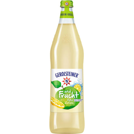 Ein 6er-Pack Gerolsteiner und Frucht Apfel-Zitrone 0,75L-Flaschen von Gerolsteiner, mit spritzigem Apfel- und Zitronengeschmack in jedem Schluck.