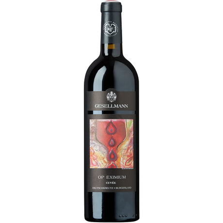 Eine Flasche Gesellmann Opus Eximium Cuvée No.35 BIO 2022 mit einem dunklen Etikett, das auf der Vorderseite abstrakte Kunst zeigt.
