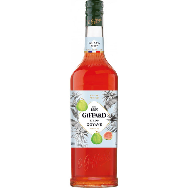 Giffard Guave Sirup Guave 1 Liter von Giffard mit weißem Etikett und Guave-Motiven ist ideal, um Ihren Fruchtsirup-Getränken eine exotische Note zu verleihen.