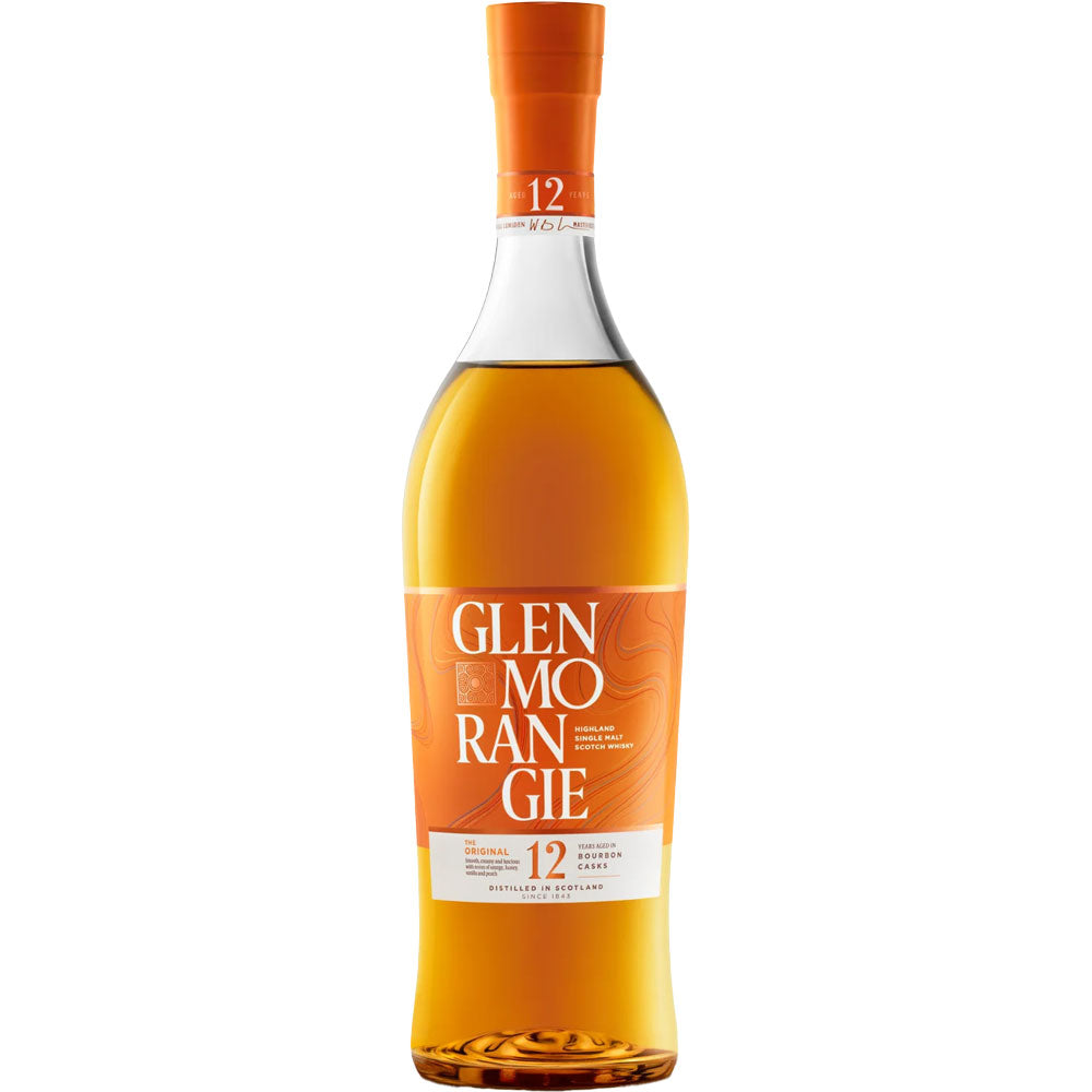 Eine 0,7-Liter-Flasche Glenmorangie The Original 12 Jahre Single Malt Scotch Whisky (40%), bekannt für seine außergewöhnliche Sanftheit und sein unverwechselbares orangefarbenes Etikett.