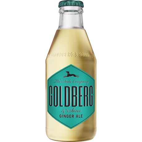 Klarglasflasche GOLDBERG & SONS Ginger Ale 0,2L mit tealfarbenem Etikett und silbernem Verschluss, ideal als Cocktailbasis mit erfrischendem Ingwergeschmack; erhältlich im 24x 0,2L MEHRWEG-Pack.