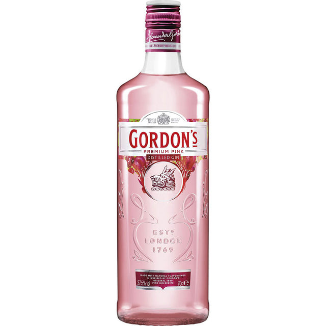 Gordon's Premium Pink Gin 37,5% (0,7L) von Gordon's Gin hat ein rosa Etikett und eine durchsichtige Flasche, die ein herrliches Rosé-Gin-Erlebnis mit subtilem Beerengeschmack bietet.