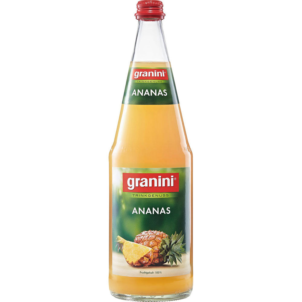 Eine 1-Liter-Flasche Granini Ananassaft der Marke Granini, verkauft im 6er-Pack (MEHRWEG), mit grünem Etikett und Ananas auf der Vorderseite.