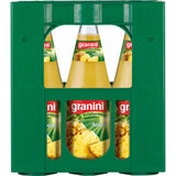 Grüne Kiste mit sechs 1-Liter-Flaschen Granini Ananassaft (Mehrweg), jede mit gelbem Ananassaft und Ananasmotiven auf den Granini-Etiketten.