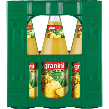 Grüne Kiste mit sechs 1-Liter-Flaschen Granini Ananassaft (Mehrweg), jede mit gelbem Ananassaft und Ananasmotiven auf den Granini-Etiketten.