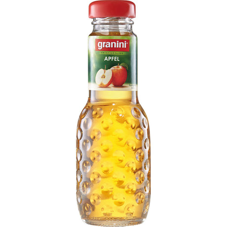 Eine Granini Apfelsaft 24x 0,2 Liter (MEHRWEG) Packung mit klaren Flaschen, roten Verschlüssen und Apfel-Etiketten bietet leckeren deutschen Apfelsaft in einer nachhaltigen Mehrwegverpackung.
