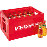 Eine rote Kiste mit der Aufschrift Granini enthält 24 Flaschen Granini Apfelsaft (0,2 l, Mehrweg), von denen drei Flaschen außen ausgestellt sind.