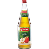 Ein Sechserpack Granini Apfelsaft 1L (MEHRWEG) mit einem Etikett mit ganzen und geschnittenen Äpfeln unterstreicht die Fruchtsaftqualität und den 100%igen Fruchtgehalt.