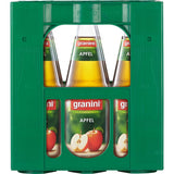 Sechs 1-Liter-Flaschen Granini Apfelsaft (MEHRWEG), verpackt in einer grünen Kiste, mit der Marke Granini und einem Etikett mit 100% Fruchtanteil und frischem Apfelmotiv.