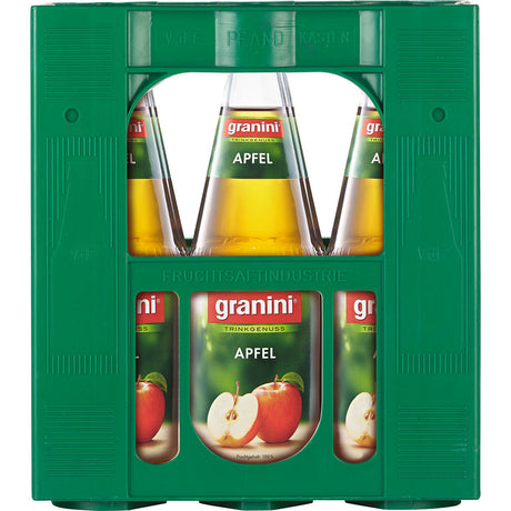 Sechs 1-Liter-Flaschen Granini Apfelsaft (MEHRWEG), verpackt in einer grünen Kiste, mit der Marke Granini und einem Etikett mit 100% Fruchtanteil und frischem Apfelmotiv.