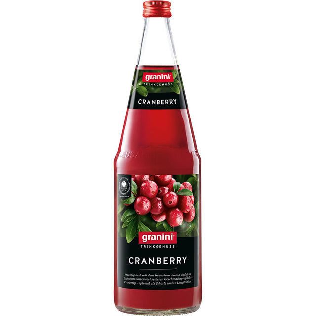 Granini Cranberry 6x 1 Liter (MEHRWEG) von Granini sorgt für erfrischenden Cranberry-Genuss, mit einem Etikett mit Cranberries und grünen Blättern - ideal für den puren Geschmack oder als fruchtige Schorle.