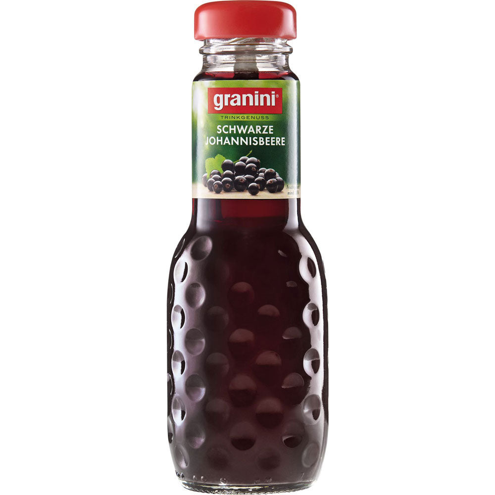 Eine Granini Johannisbeer Nektar 0,2L Flasche aus einem 24er-Pack (MEHRWEG), mit dem vollen Geschmack des schwarzen Johannisbeernektars von Granini.