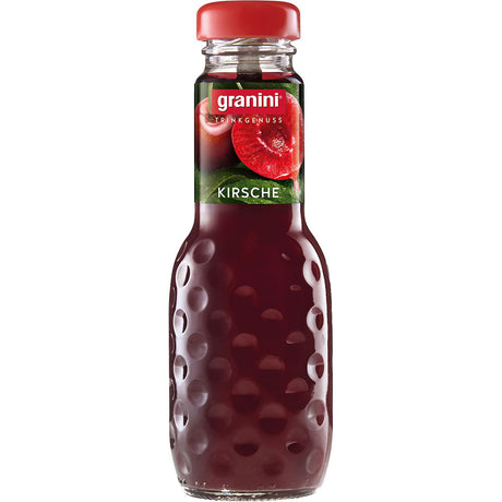 Eine 0,2-Liter-Glasflasche Granini Kirsch Nektar mit rotem Verschluss und Kirsch-Etikett, von der Marke Granini. Erhältlich in einer 24er-Packung (MEHRWEG).