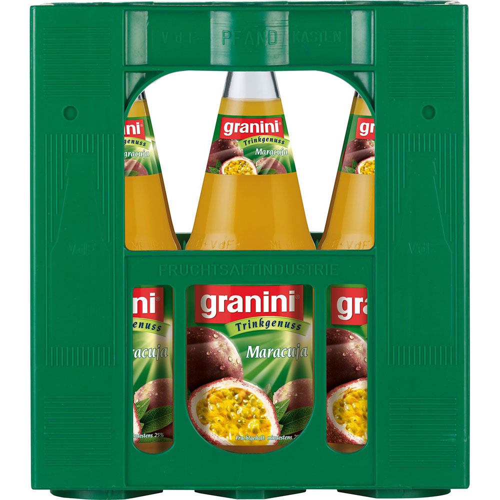 Sechs 1-Liter-Glasflaschen Granini Maracuja Nektar (MEHRWEG) in einer grünen Kunststoffkiste mit Passionsfruchtetiketten.