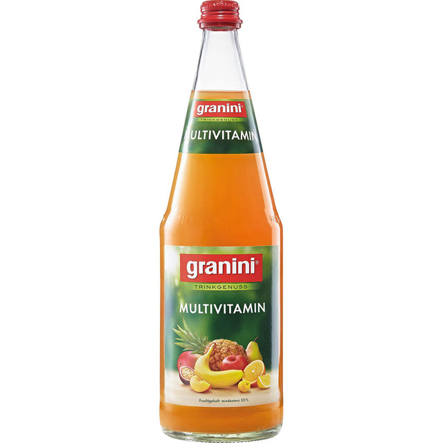 Granini Multivitamin Nektar 6x1L MEHRWEG: Genießen Sie diesen erfrischenden Fruchtnektar in Glasflaschen mit grünem Etikett, mit verschiedenen Früchten und angereichert mit Vitaminen.