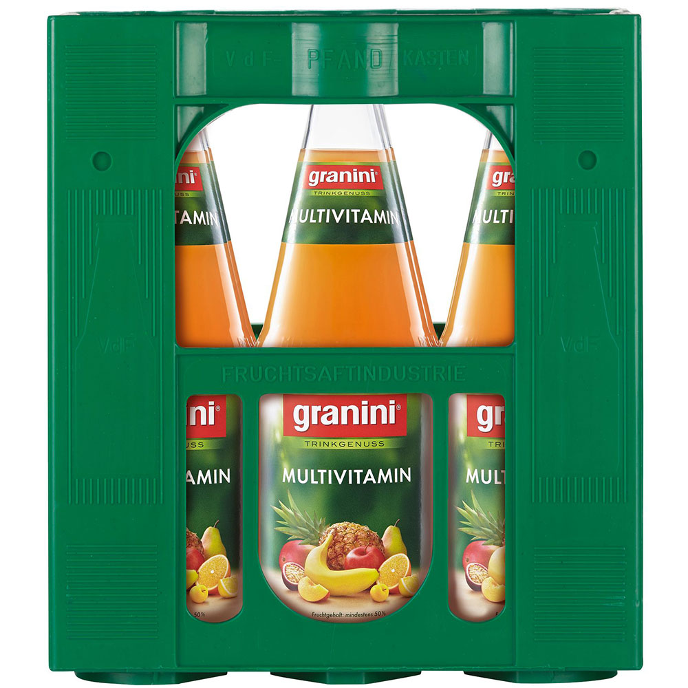 Sechs 1-Liter-Flaschen Granini Multivitamin Nektar (Mehrweg) in einer grünen Kiste, mit Etiketten, vollgepackt mit wichtigen Vitaminen.