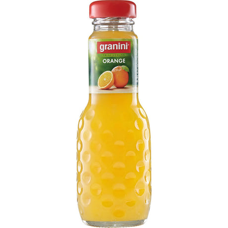 Granini Orangensaft Mehrweg in der 0,2-Liter-Glasflasche mit rotem Verschluss und orangefarbenem Etikett, mit 100% Fruchtsaft; erhältlich im 24er-Pack.