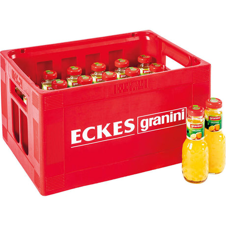 Eine rote Kiste mit der Aufschrift Granini enthält Glasflaschen mit Granini Orangensaft 24x 0,2 Liter (MEHRWEG), zwei Flaschen stehen außen.