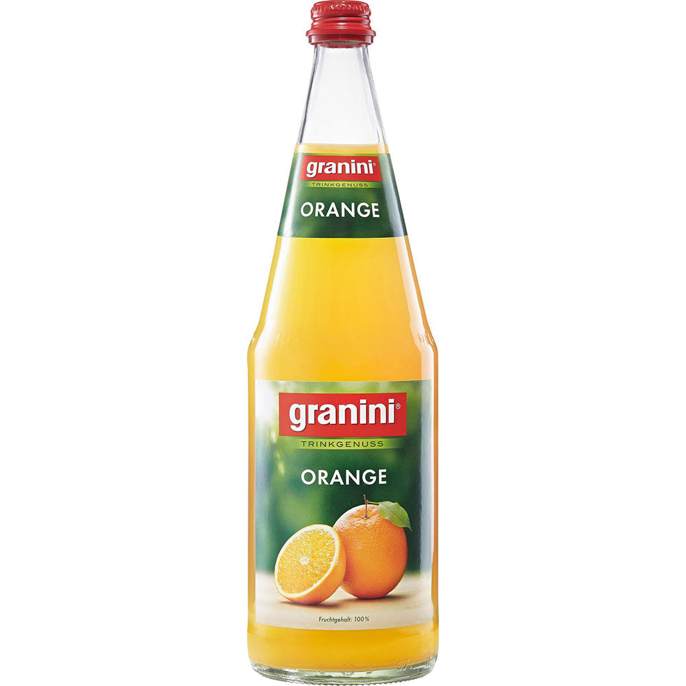 Eine Packung Granini Orangensaft 6x1 Liter (MEHRWEG), ein leckeres Fruchtgetränk von Granini, mit leuchtenden Orangenmotiven auf dem Etikett.