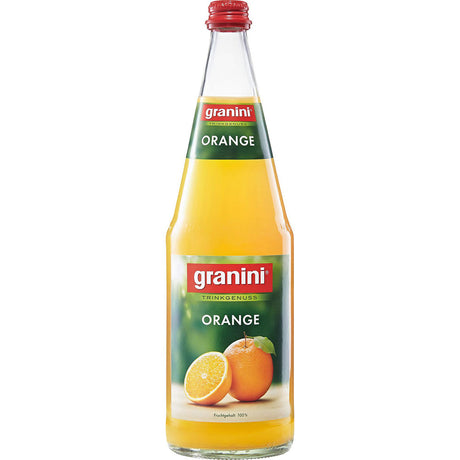 Eine Packung Granini Orangensaft 6x1 Liter (MEHRWEG), ein leckeres Fruchtgetränk von Granini, mit leuchtenden Orangenmotiven auf dem Etikett.