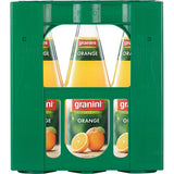 Sechs 1L Glasflaschen Granini Orangensaft (MEHRWEG) in einer grünen Kiste - ein erfrischender Orangensaft von Granini, ideal für jede Gelegenheit.
