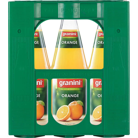 Sechs 1L Glasflaschen Granini Orangensaft (MEHRWEG) in einer grünen Kiste - ein erfrischender Orangensaft von Granini, ideal für jede Gelegenheit.