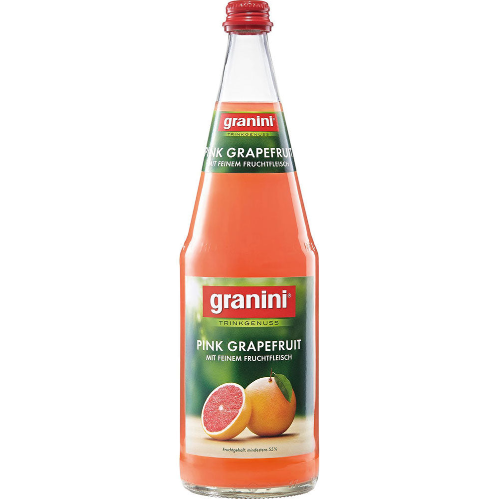 Eine 1L Granini Pink Grapefruit Flasche (MEHRWEG) mit grünem Etikett, auf dem saftige rubinrote Grapefruits abgebildet sind. Packung mit 6 Stück.