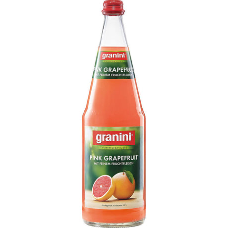Eine 1L Granini Pink Grapefruit Flasche (MEHRWEG) mit grünem Etikett, auf dem saftige rubinrote Grapefruits abgebildet sind. Packung mit 6 Stück.