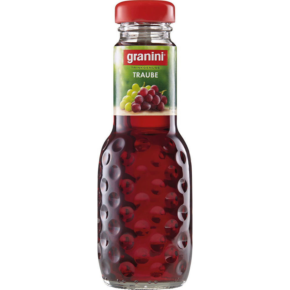 Granini Traube Rot 0,2 l Glasflasche mit roter Kappe und einem Etikett mit roten und grünen Trauben; erhältlich im 24er-Pack (MEHRWEG).