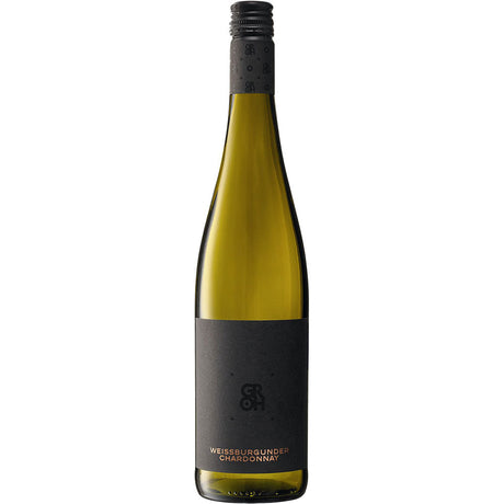 Eine Flasche Groh Grohsartig Weißburgunder Chardonnay trocken 2024 vom Weingut Groh, ein deutscher Weißwein aus Rheinhessen, mit einem schwarzen Etikett und schwarzem Schraubverschluss.