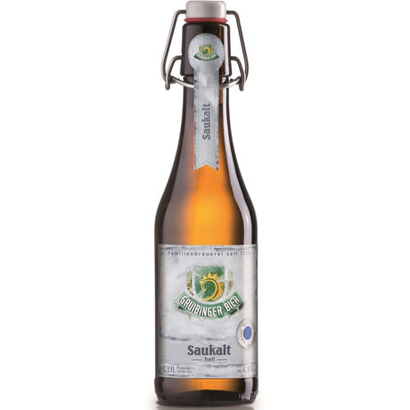 Eine Braunglasflasche Gruibinger Saukalt Bügel 0,33L (MEHRWEG) von Gruibinger, mit Bügelverschluss und silbernem Etikett.