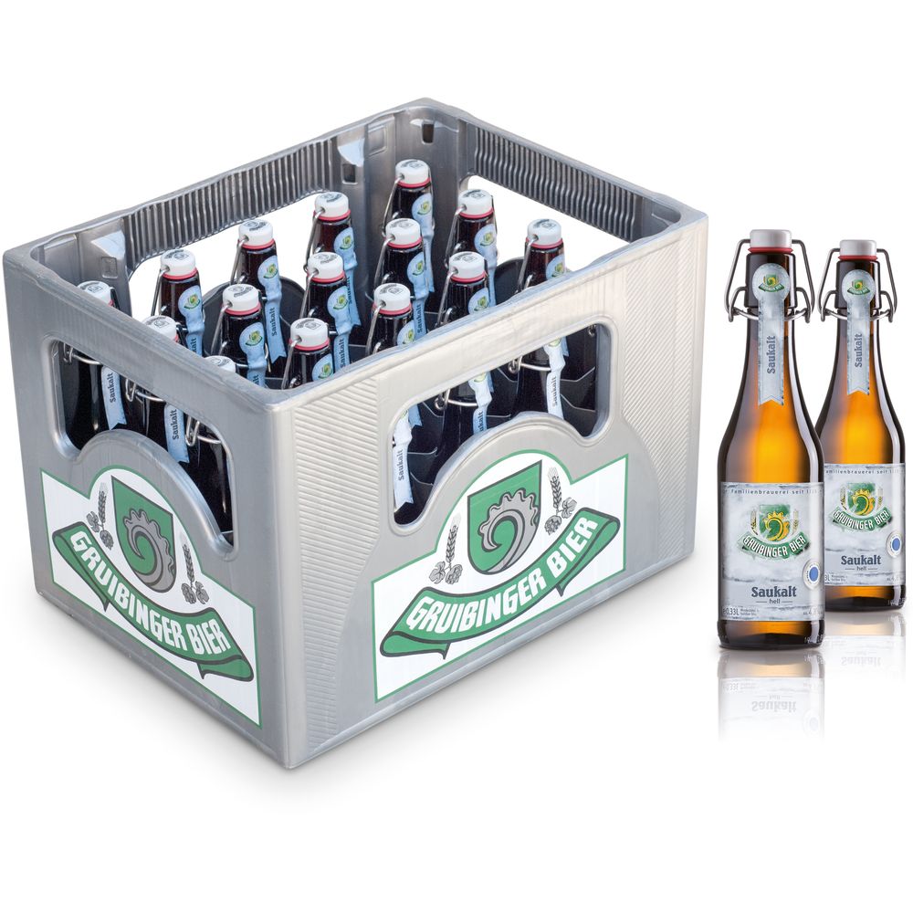 Eine Kiste Gruibinger Saukalt Bügel 20x0,33L (MEHRWEG) Flaschen von Gruibinger - ideal zum Teilen von knackigem, erfrischendem Bier.