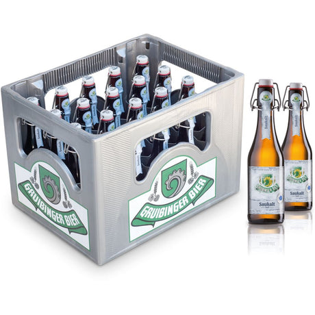 Eine Kiste Gruibinger Saukalt Bügel 20x0,33L (MEHRWEG) Flaschen von Gruibinger - ideal zum Teilen von knackigem, erfrischendem Bier.