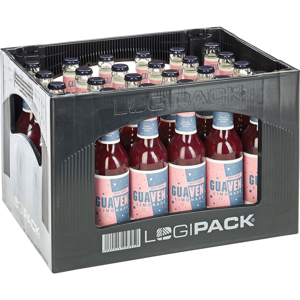 Eine schwarze Kiste mit 24 Glasflaschen GUA Guave-Holunder-Minze Limo BIO & VEGAN (je 0,33 l), eine Guave-Holunder-Minze-Limonade von GUA, Mehrweg und in deutscher Sprache beschriftet.