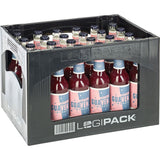 Eine schwarze Kiste mit 24 Glasflaschen GUA Guave-Holunder-Minze Limo BIO & VEGAN (je 0,33 l), eine Guave-Holunder-Minze-Limonade von GUA, Mehrweg und in deutscher Sprache beschriftet.