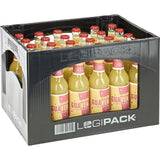 Eine schwarze Kiste mit 24 Glasflaschen GUA Guave-Ingwer-Kurkuma Limo BIO & VEGAN (je 0,33 l), einer Bio-Fruchtlimonade von GUA, mit roten Verschlüssen und gelben Etiketten.