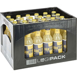 Eine schwarze Kiste mit 24 Glasflaschen GUA Guave-Yuzu Limo VEGAN (je 0,33 l), einer erfrischenden veganen Fruchtlimonade von GUA, die fein säuberlich aufgereiht sind.