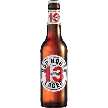 Eine Packung Guinness Hop House 13 Lager 4x6er (24 x 0,33L Mehrweg) von Guinness, dargestellt auf weißem Hintergrund.