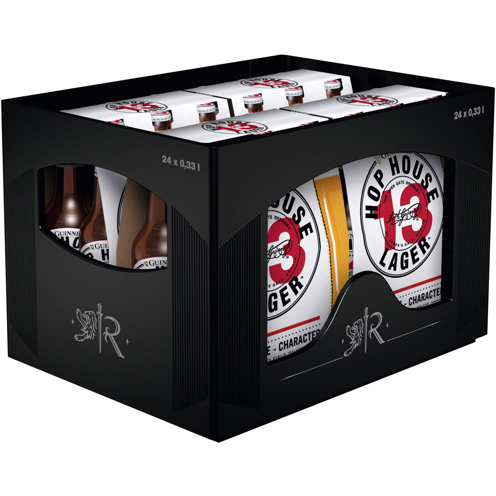 Eine schwarze Kiste mit Flaschen und Dosen von Guinness Hop House 13 Lager 4x6er 24x0,33L (MEHRWEG), einem irischen Lagerbier von Guinness, das für seinen weichen, knackigen Geschmack bekannt ist.