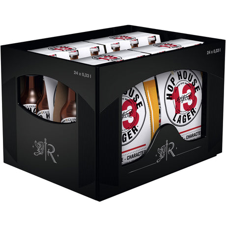 Eine schwarze Kiste mit Flaschen und Dosen von Guinness Hop House 13 Lager 4x6er 24x0,33L (MEHRWEG), einem irischen Lagerbier von Guinness, das für seinen weichen, knackigen Geschmack bekannt ist.