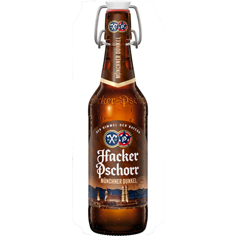 Eine 0,5L Flasche Hacker-Pschorr Münchner Dunkel, Teil des 20er-Packs (Mehrweg), ein klassisches Dunkelbier von Hacker-Pschorr.