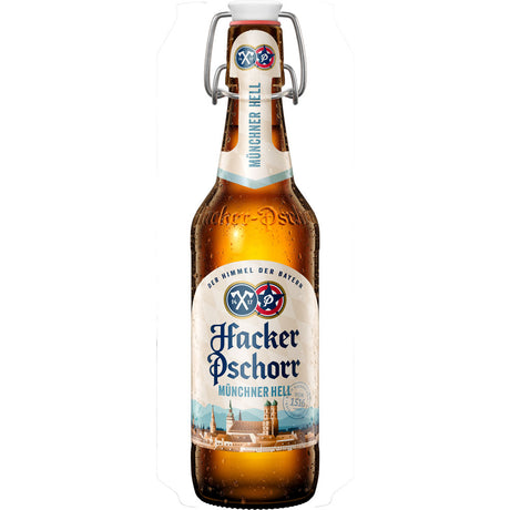 Eine kondensatgedeckte Hacker-Pschorr Münchner Hell 0,5L Flasche mit Bügelverschluss unterstreicht echte bayerische Braukunst und klassische Münchner Brautradition. Verkauft als 20x 0,5L MEHRWEG Packung von Hacker-Pschorr.