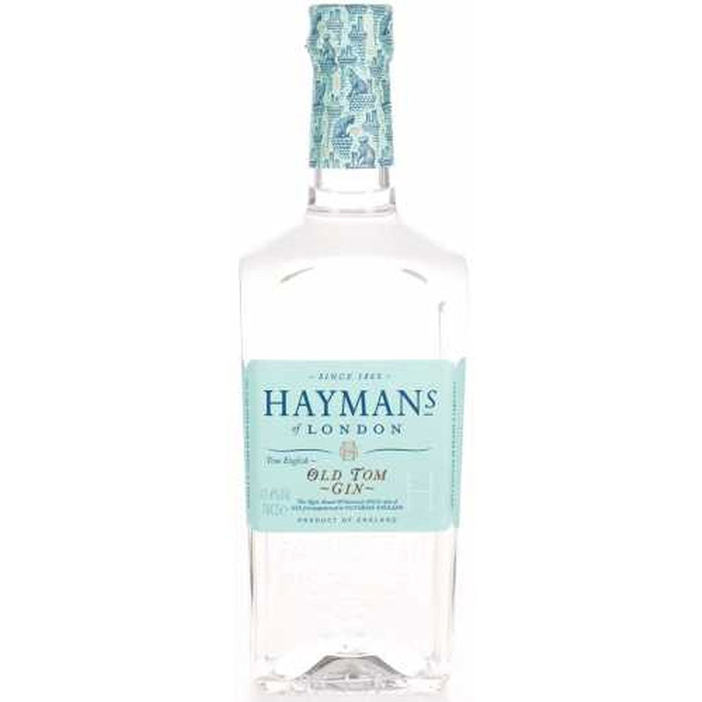 Eine 0,7-Liter-Flasche Hayman's Old Tom Gin (41,4%) mit hellblauem Etikett und passendem Verschluss - ideal für Fans von viktorianischem Gin.