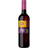 Eine 0,75L Flasche Genossenschaftskellerei Heilbronn Zero Alkoholfreier Rotwein von der Genossenschaftskellerei Heilbronn, mit einem lila und gelben Etikett und einem rosa Schraubverschluss.
