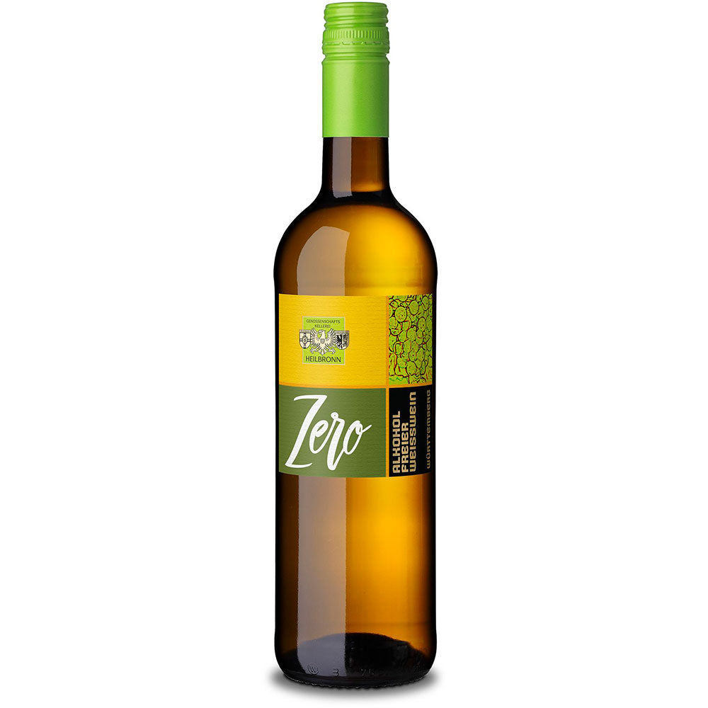 Eine Flasche Genossenschaftskellerei Heilbronn Zero Weißwein alkoholfrei mit einem grünen Verschluss und einem gelb-grünen Etikett mit der Aufschrift Zero".