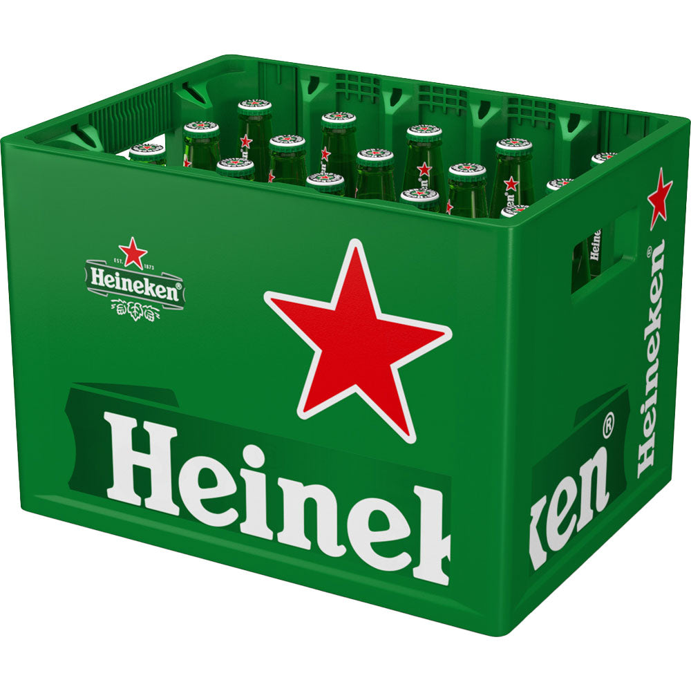 Eine grüne Kiste mit 20 Flaschen (je 0,4 l) Heineken Original Pale Lager (Mehrweg) der Marke Heineken, alle mit dem ikonischen roten Stern.